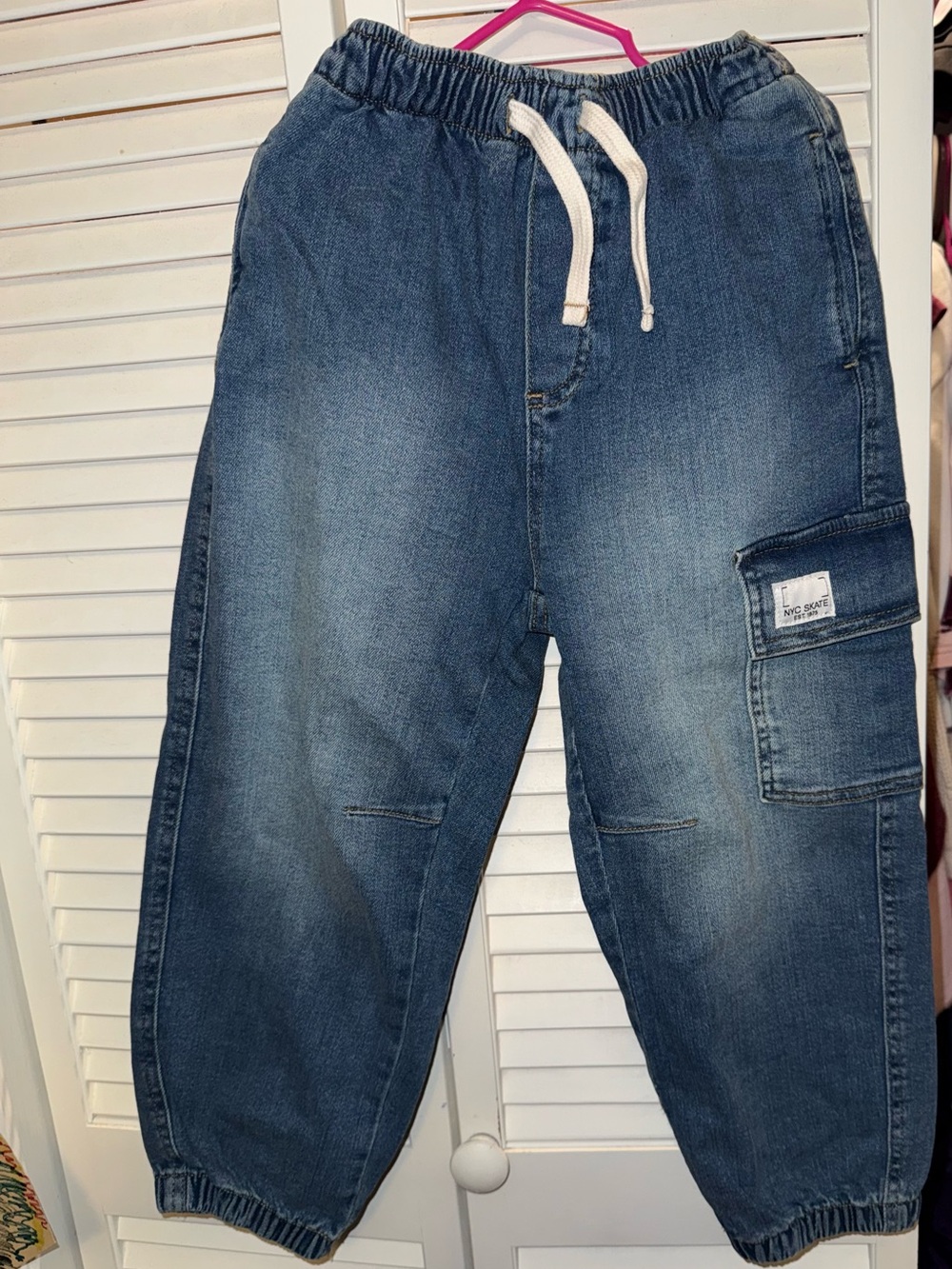 Relaxed Denim Cargo Joggers with Drawstring Waist - Blue